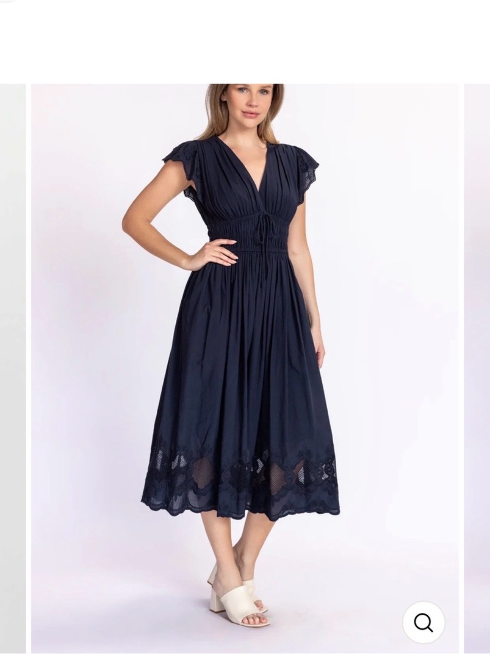 Current Air Navy V‑Neck Midi Dress with Lace Trim